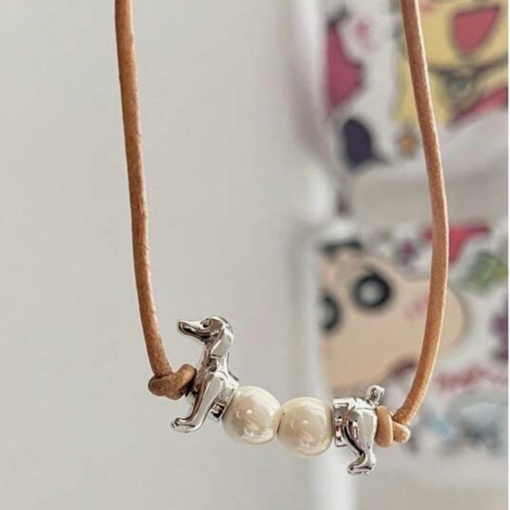 Dachshund necklace silver beaded sausage dog hotdog jewelry leather bracelet NEW - Picture 4 of 5